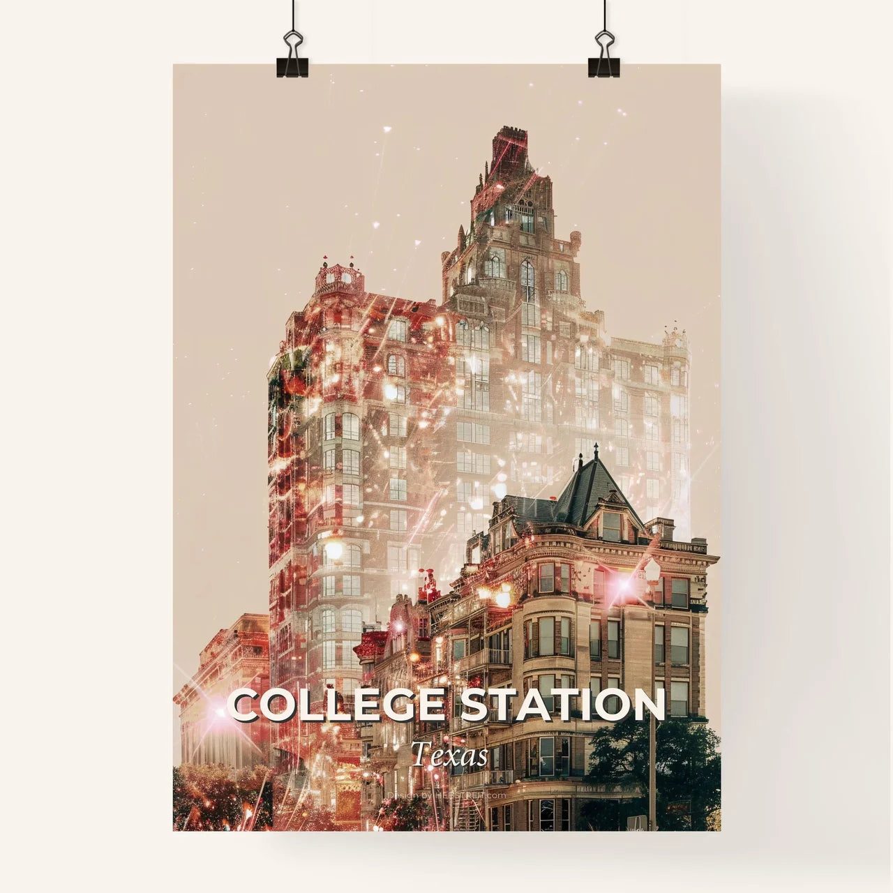 College Station City Skyline Bright Beige Paper Glow Poster