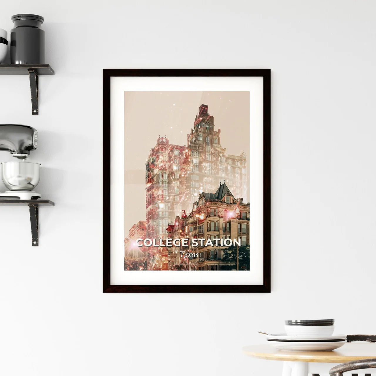 College Station City Skyline Bright Beige Paper Glow Framed Print