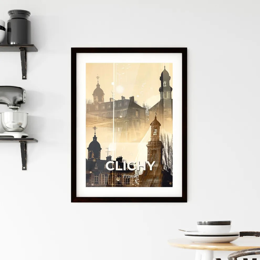 Clichy Skyline Silhouette Beige Poster Framed Print