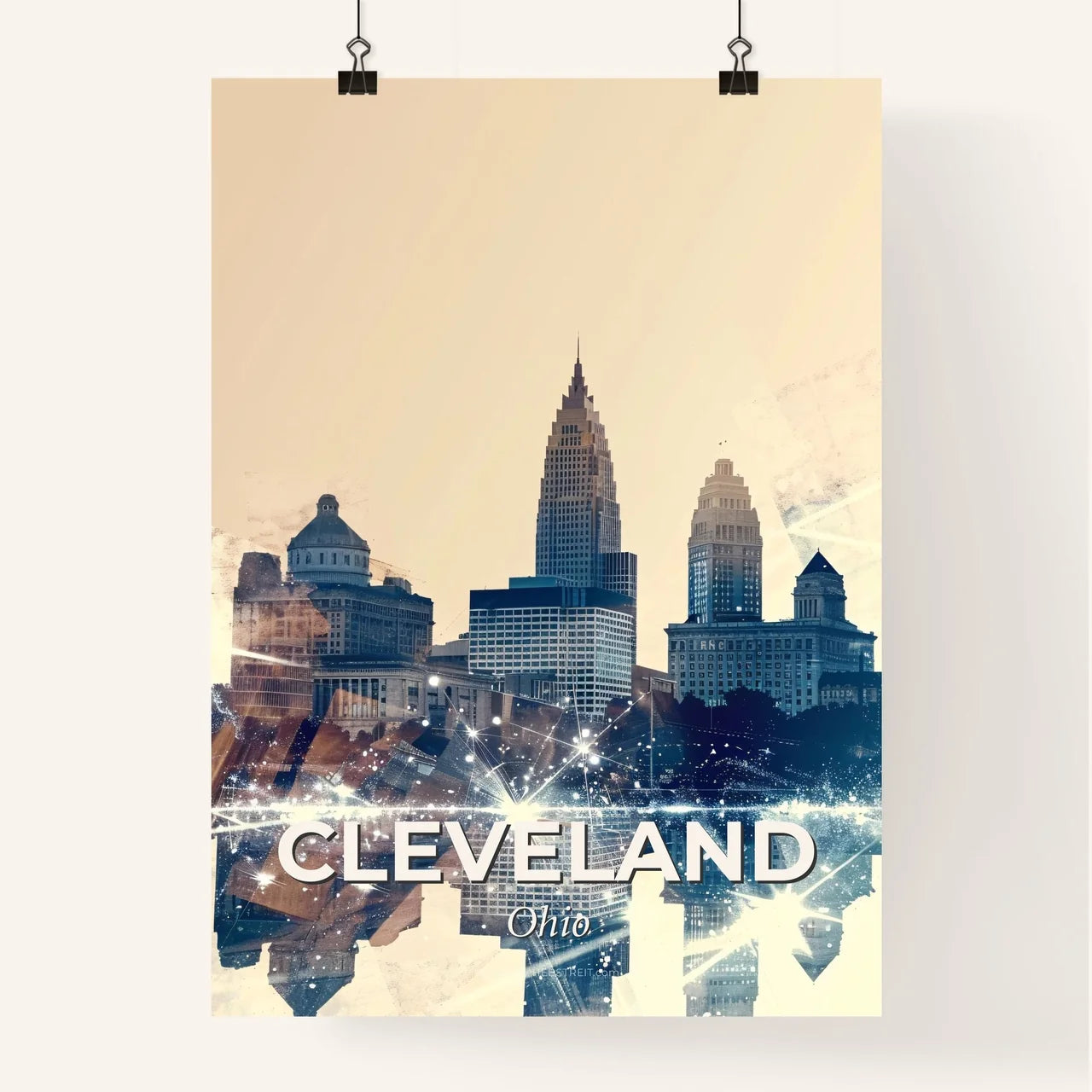 Cleveland Skyline Double Exposure Art Deco Poster