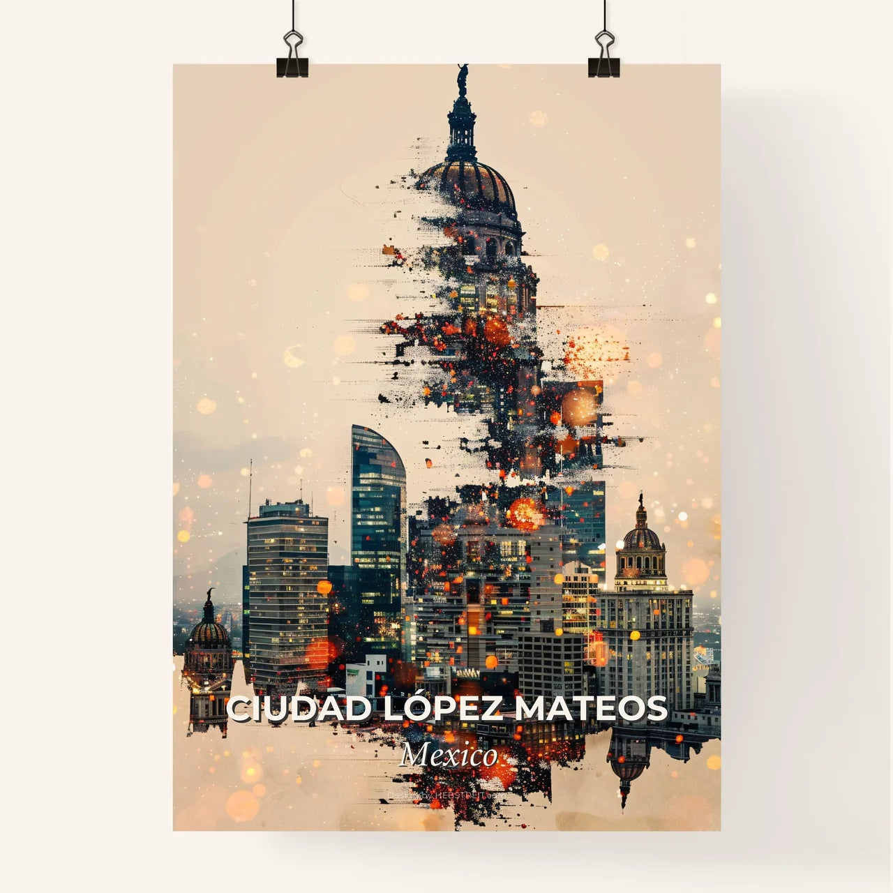 Ciudad Lopez Mateos Cityscape Artwork with Architectural Icons Poster