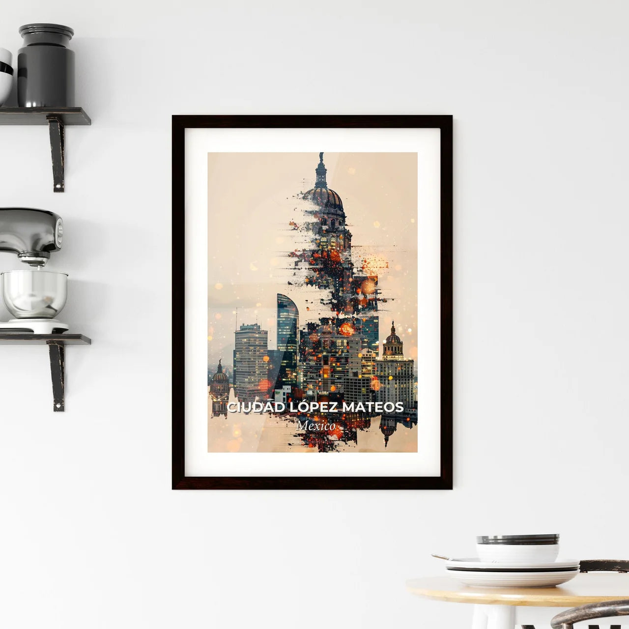Ciudad Lopez Mateos Cityscape Artwork with Architectural Icons Framed Print