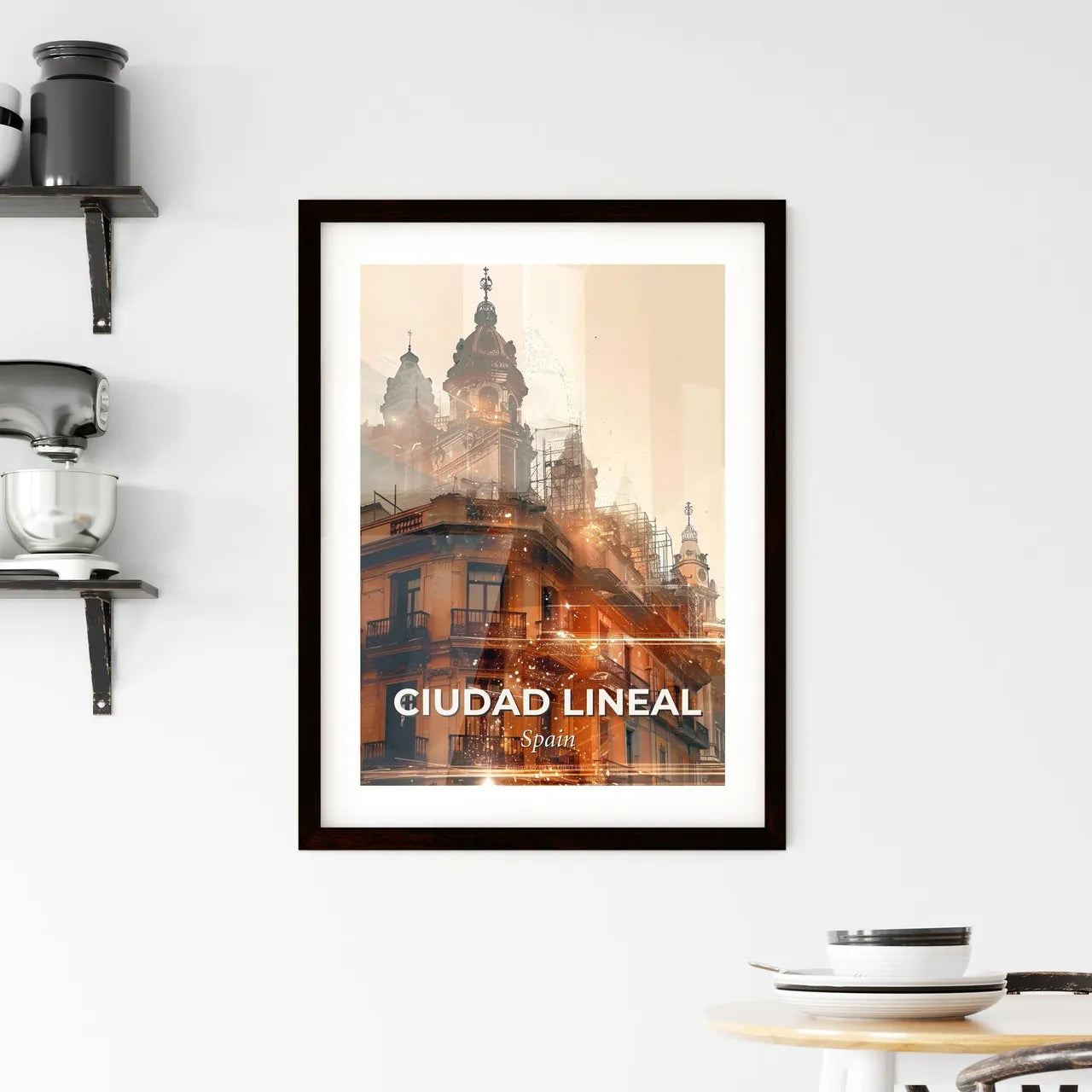 Ciudad Lineal's Skyline Sparkles on Beige Framed Print
