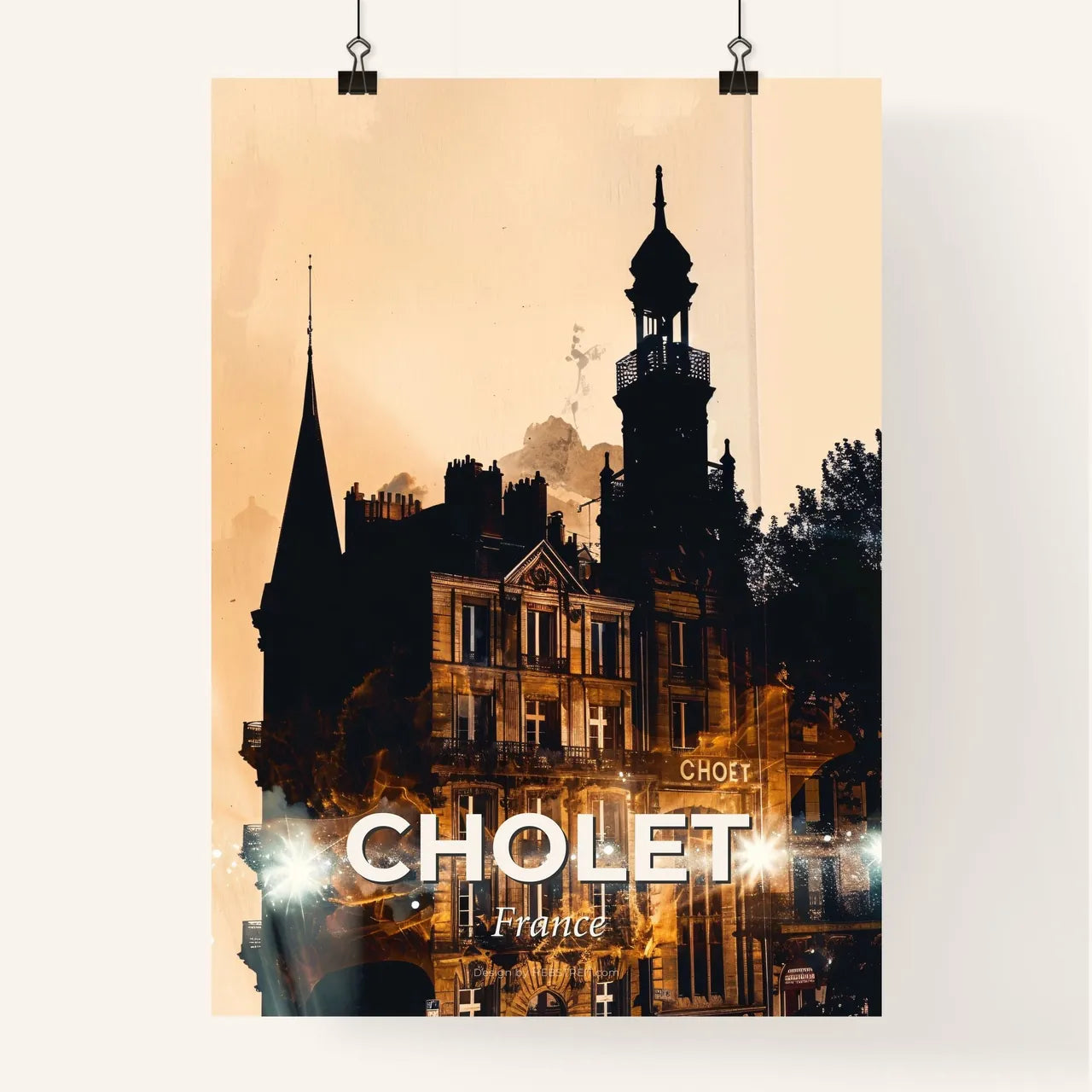 Cholet City Skyline Double Exposure Silhouette Poster