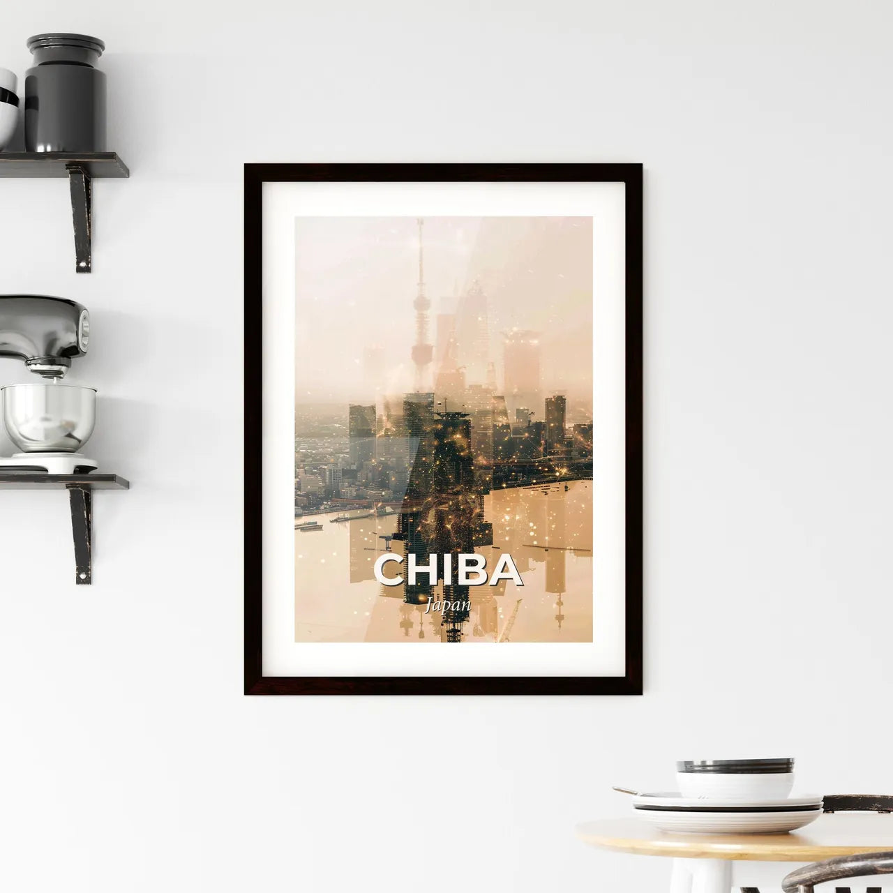 Chiba City Skyline Art Poster: Beige and Bright Framed Print