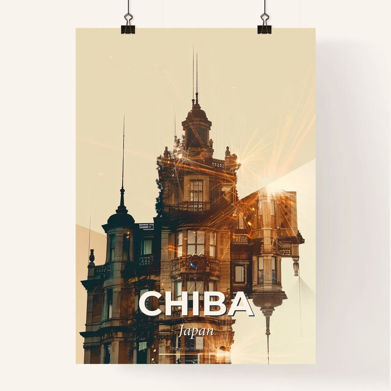 Chiba City Skyline Beige Double Exposure Art Print Poster