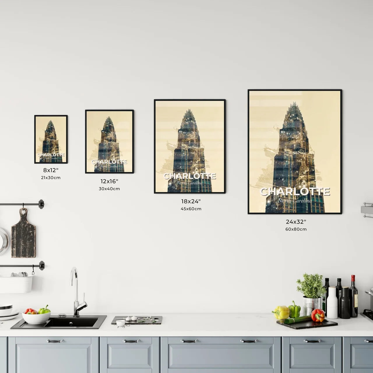 Charlotte: Skyline Icon Collage, Bright Beige Office Art