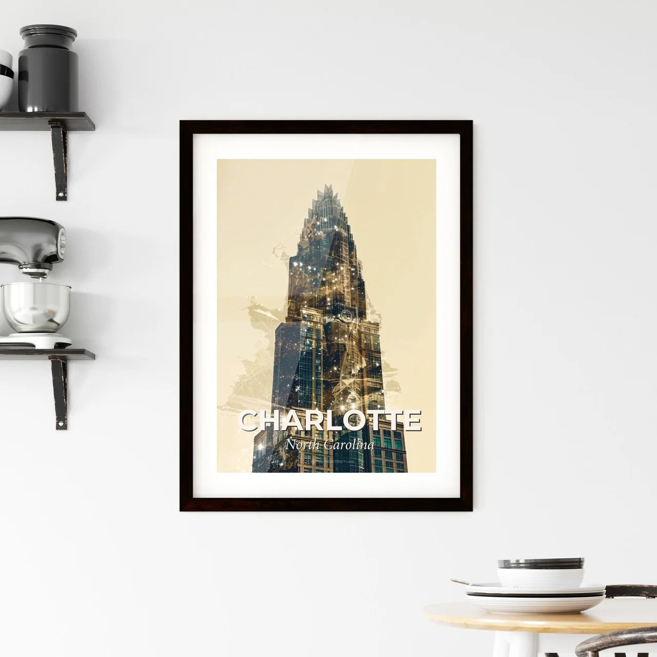 Charlotte: Skyline Icon Collage, Bright Beige Framed Print
