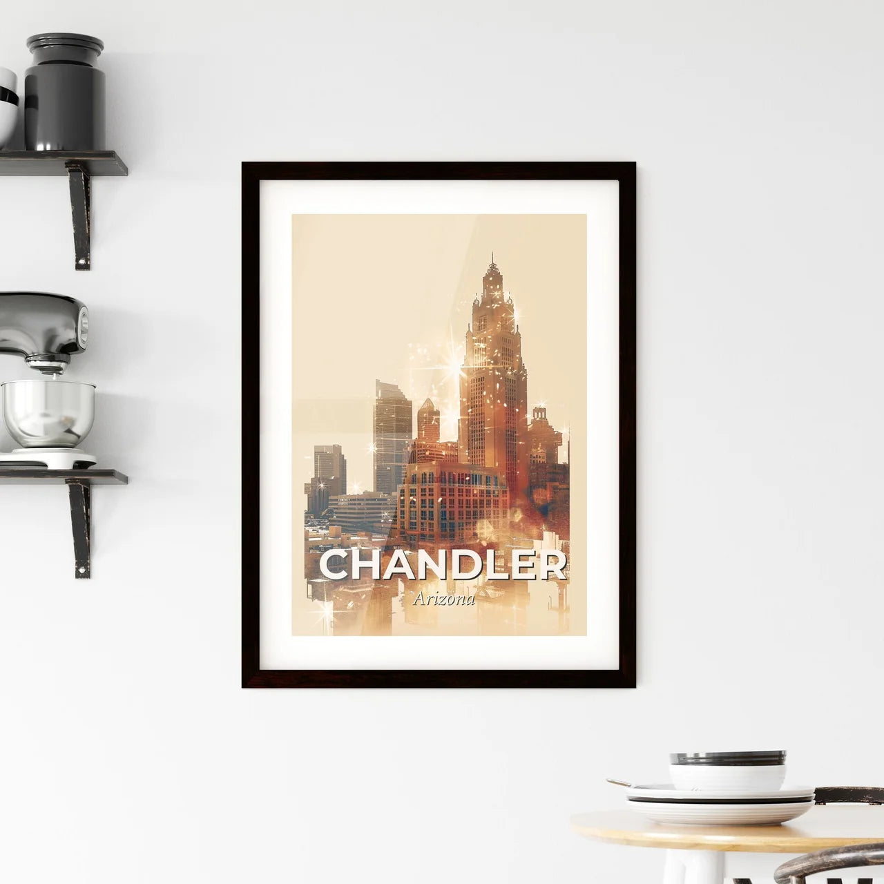 Chandler Art Deco Poster Skyline with Sparks Framed Print