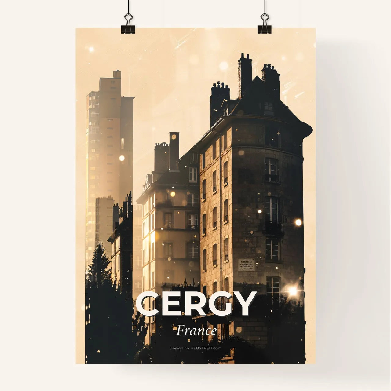 Cergy Skyline Silhouette Sparkles Beige Poster Poster