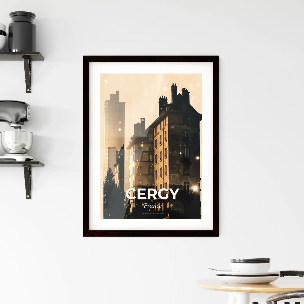 Cergy Skyline Silhouette Sparkles Beige Poster Framed Print