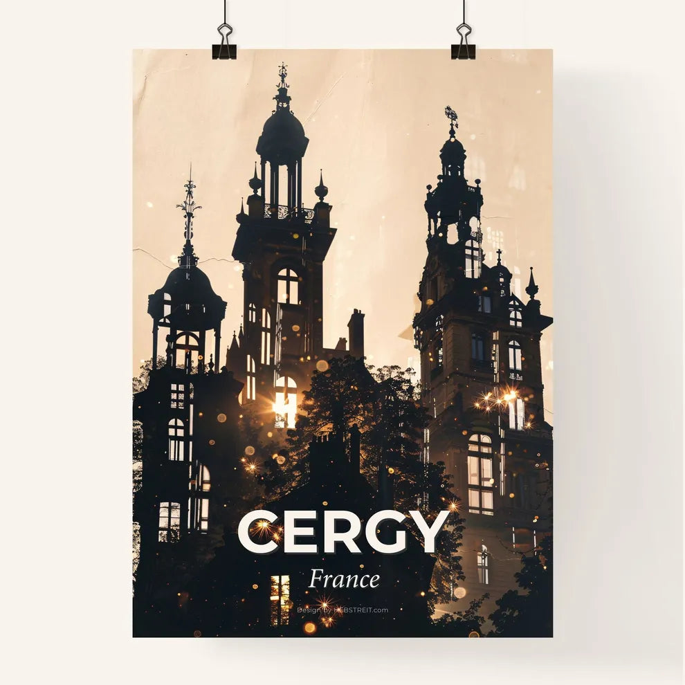 Cergy Skyline Composite Art: Silhouette of Local Icons Poster