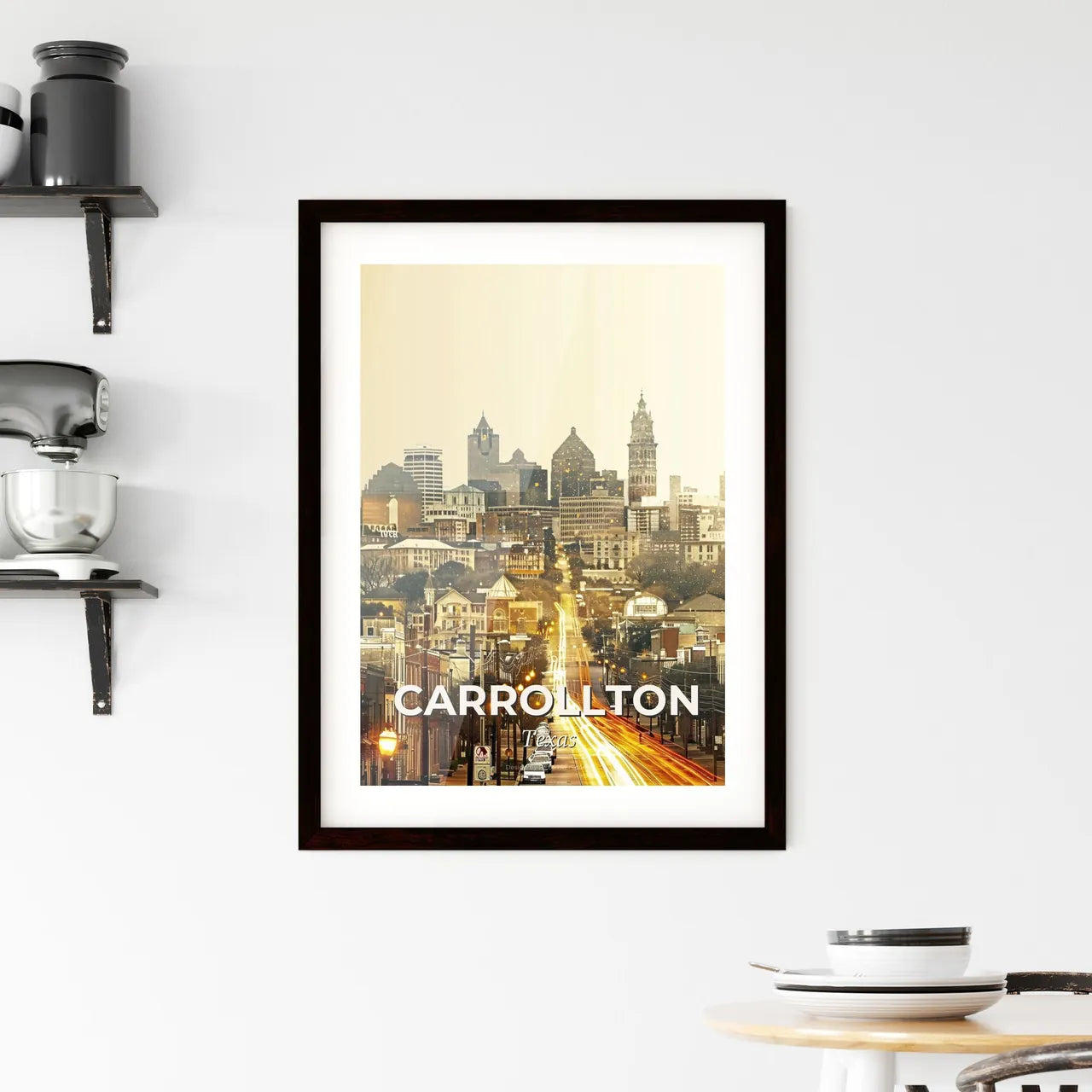 Carrollton Skyline: Local Icons, Bold Beige Framed Print