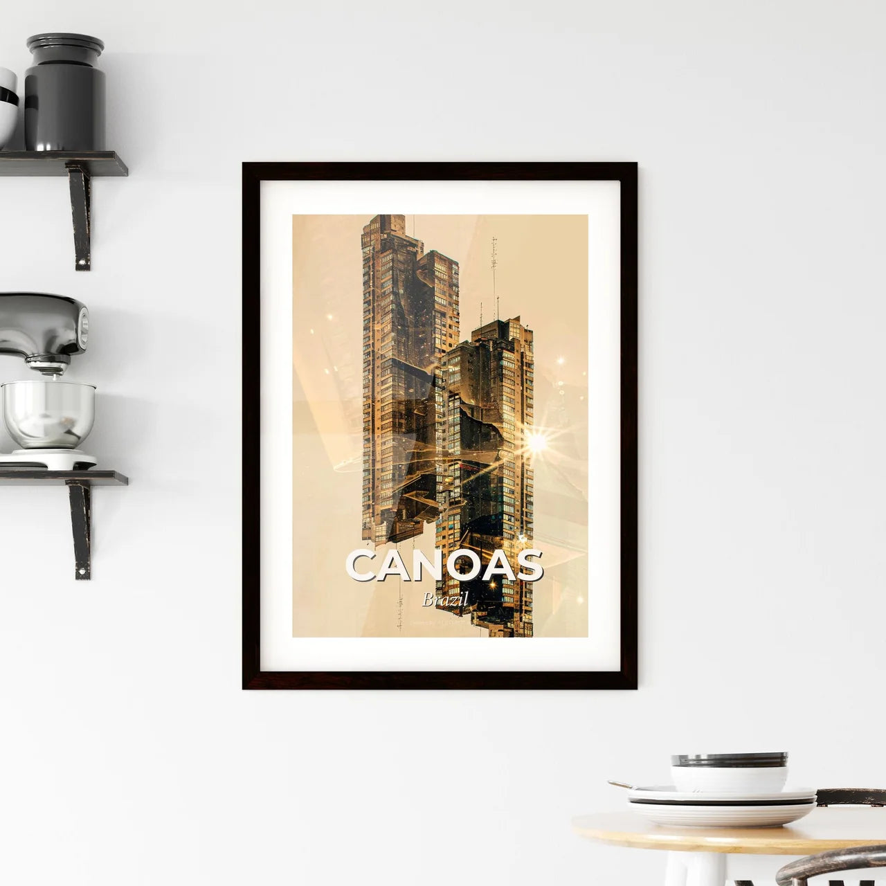 Canoas City Skyline Composite Art, Beige and Bright Framed Print