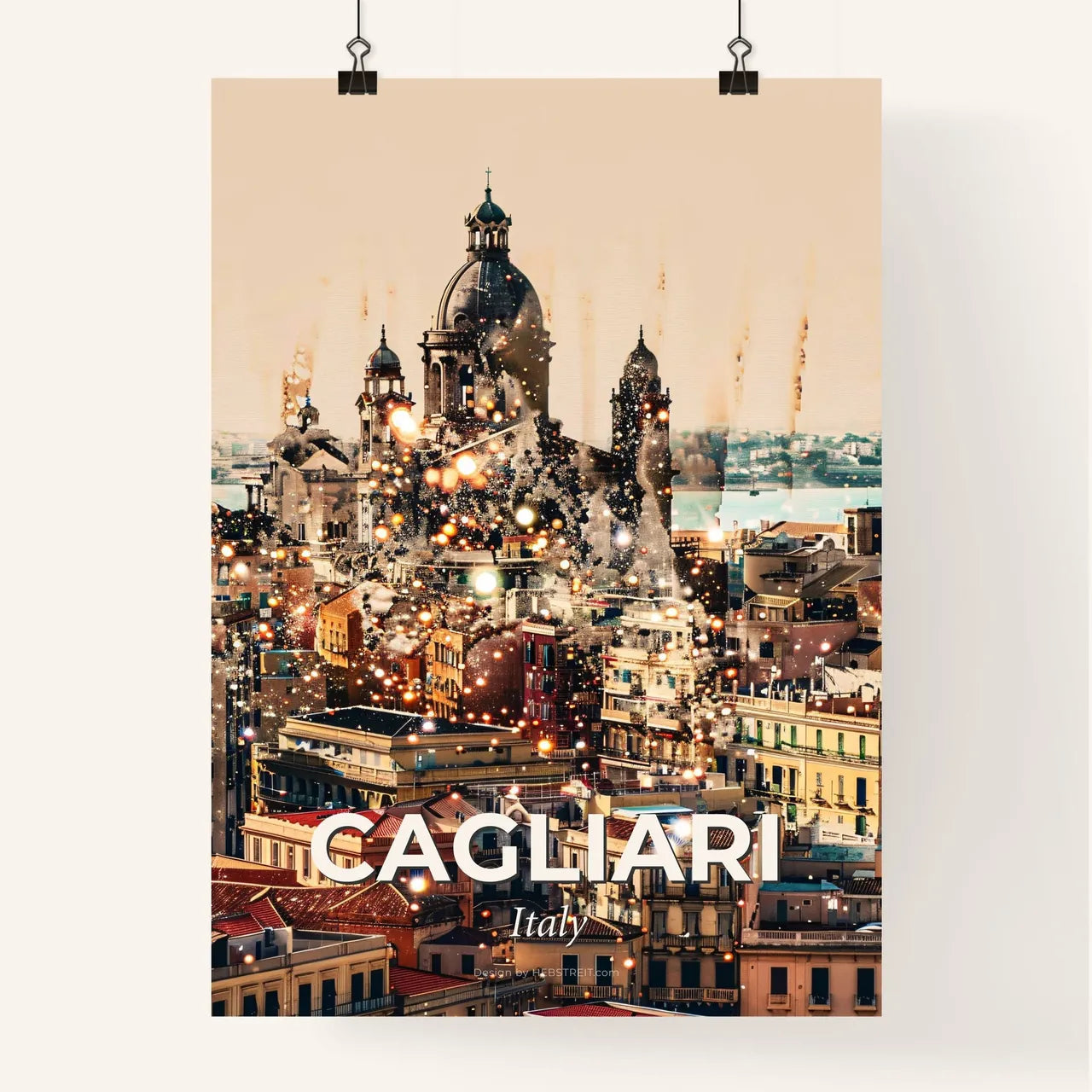 Cagliari City Skyline Poster Design: Beige Subtle Backlights Sparkles Poster