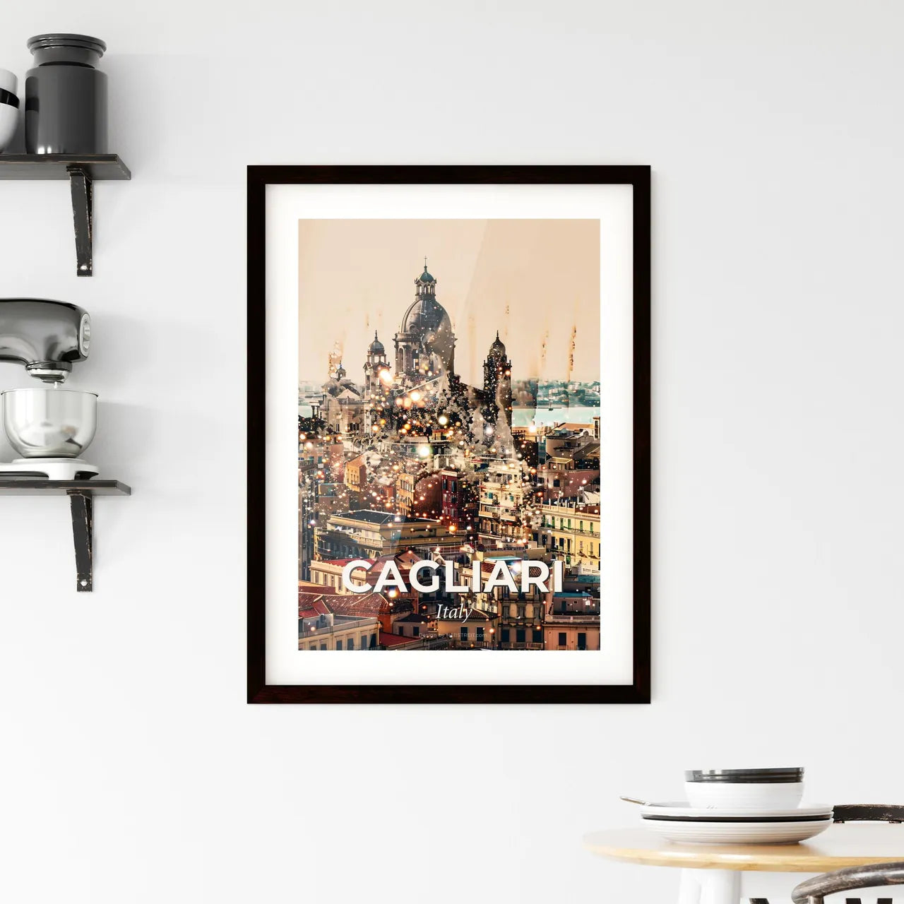 Cagliari City Skyline Poster Design: Beige Subtle Backlights Sparkles Framed Print