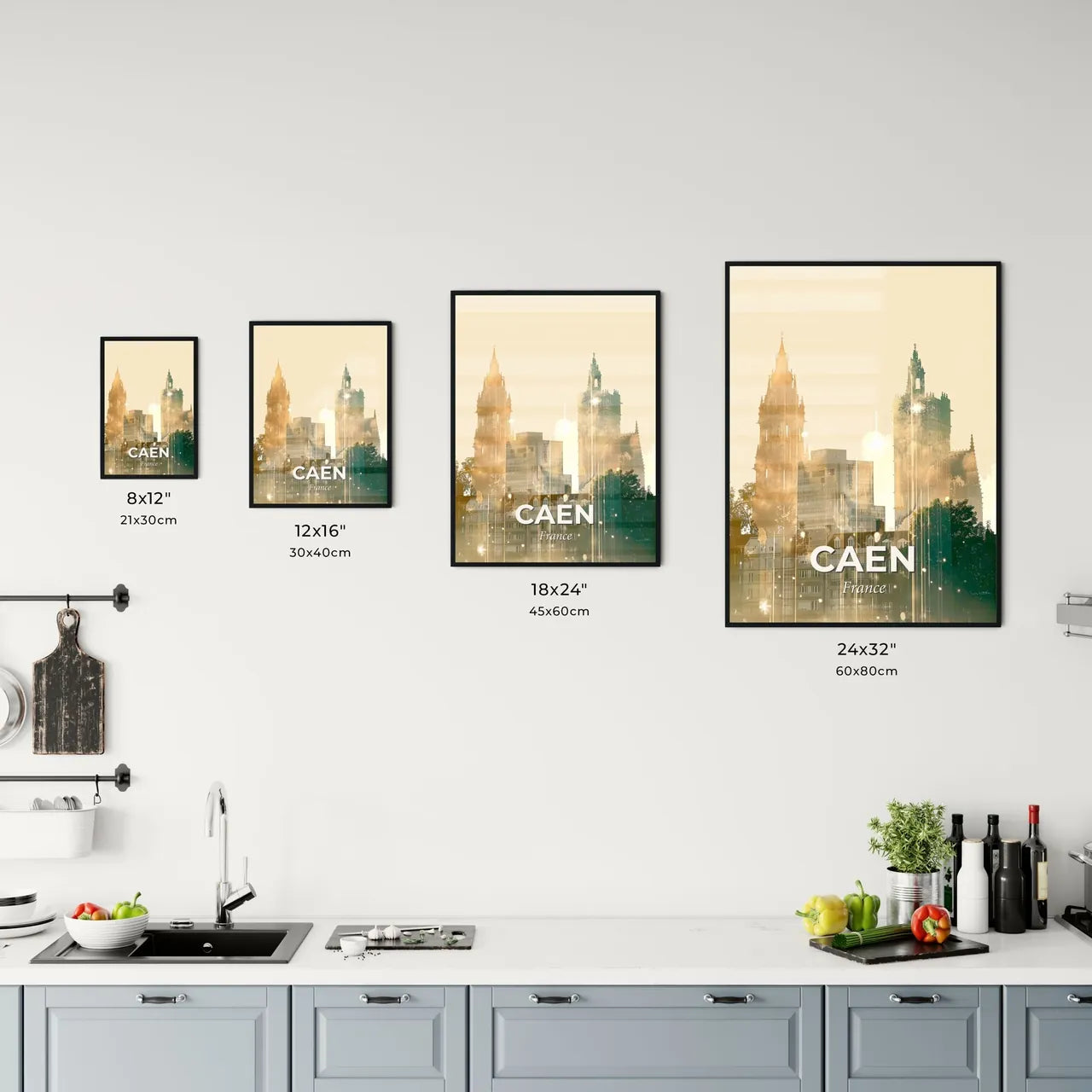 Caen Cityscape Silhouette Art Poster with Subtle Blisters Office Art