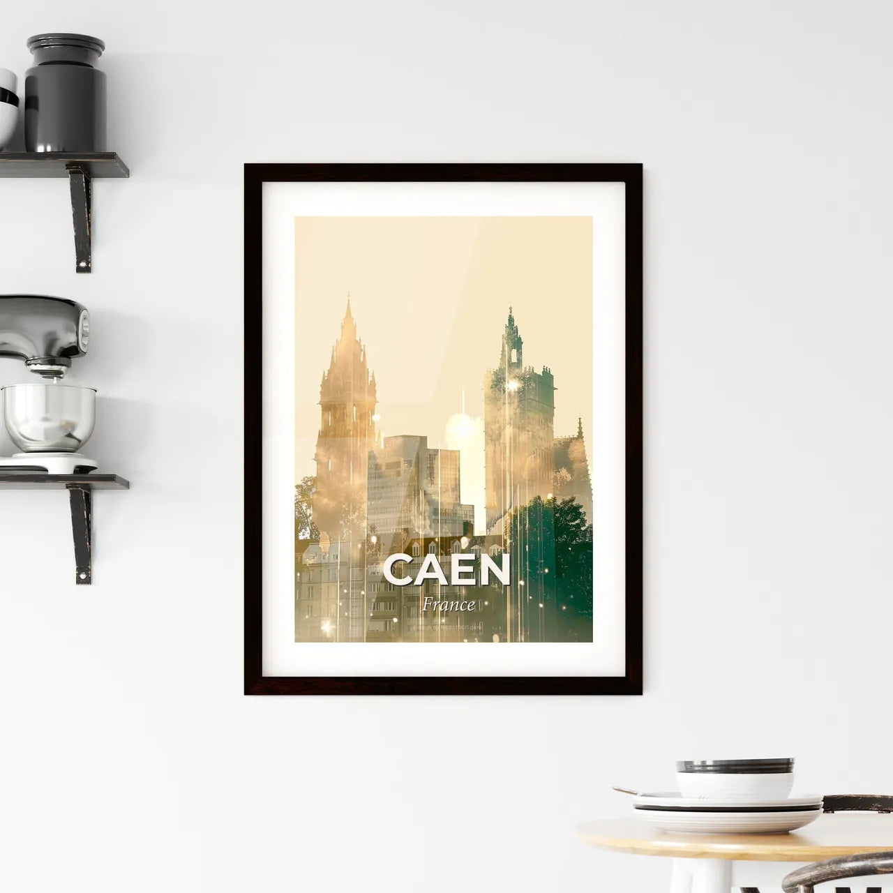 Caen Cityscape Silhouette Art Poster with Subtle Blisters Framed Print