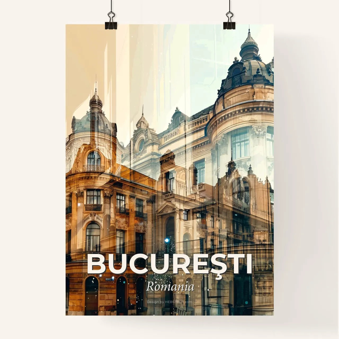 Bucharest Skyline Composite Art in Beige Poster