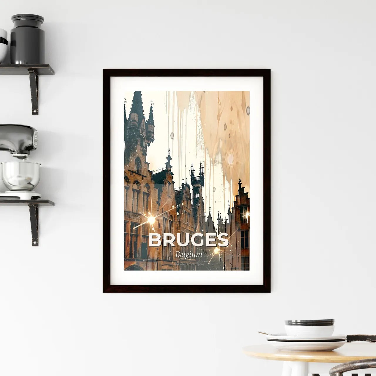 Bruges Skyline Composite Poster Art Bright Beige Framed Print