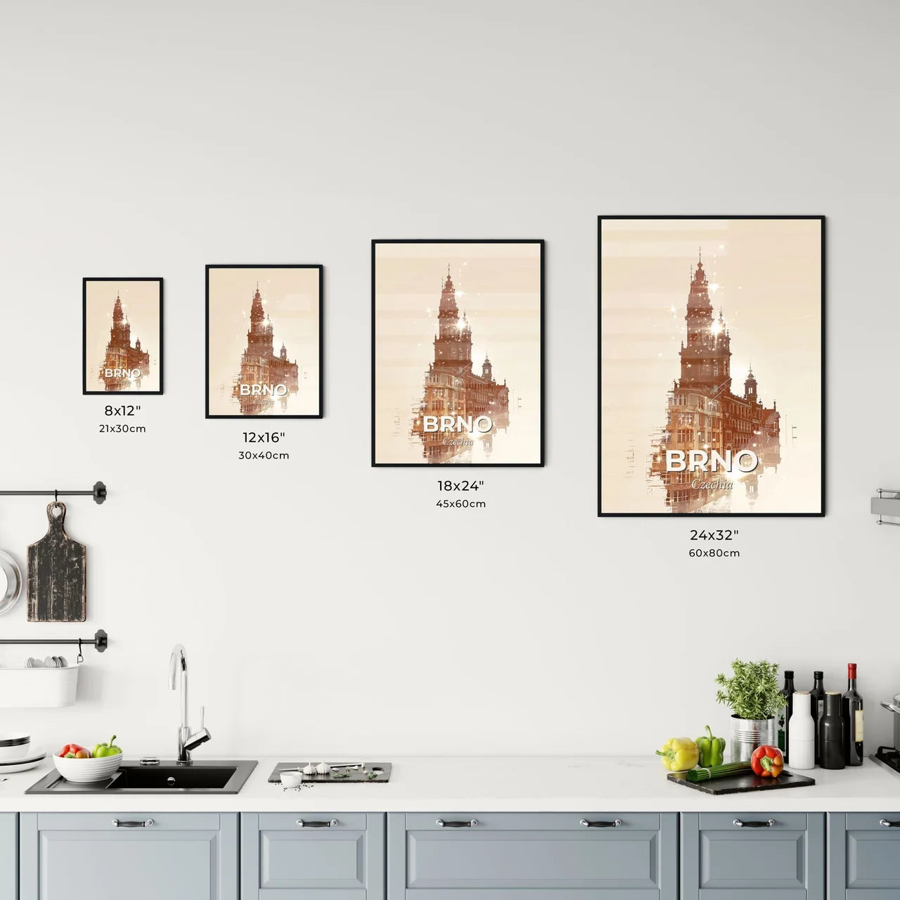 Brno, Czechia Skyline Silhouette Poster with Bright Accents Office Art