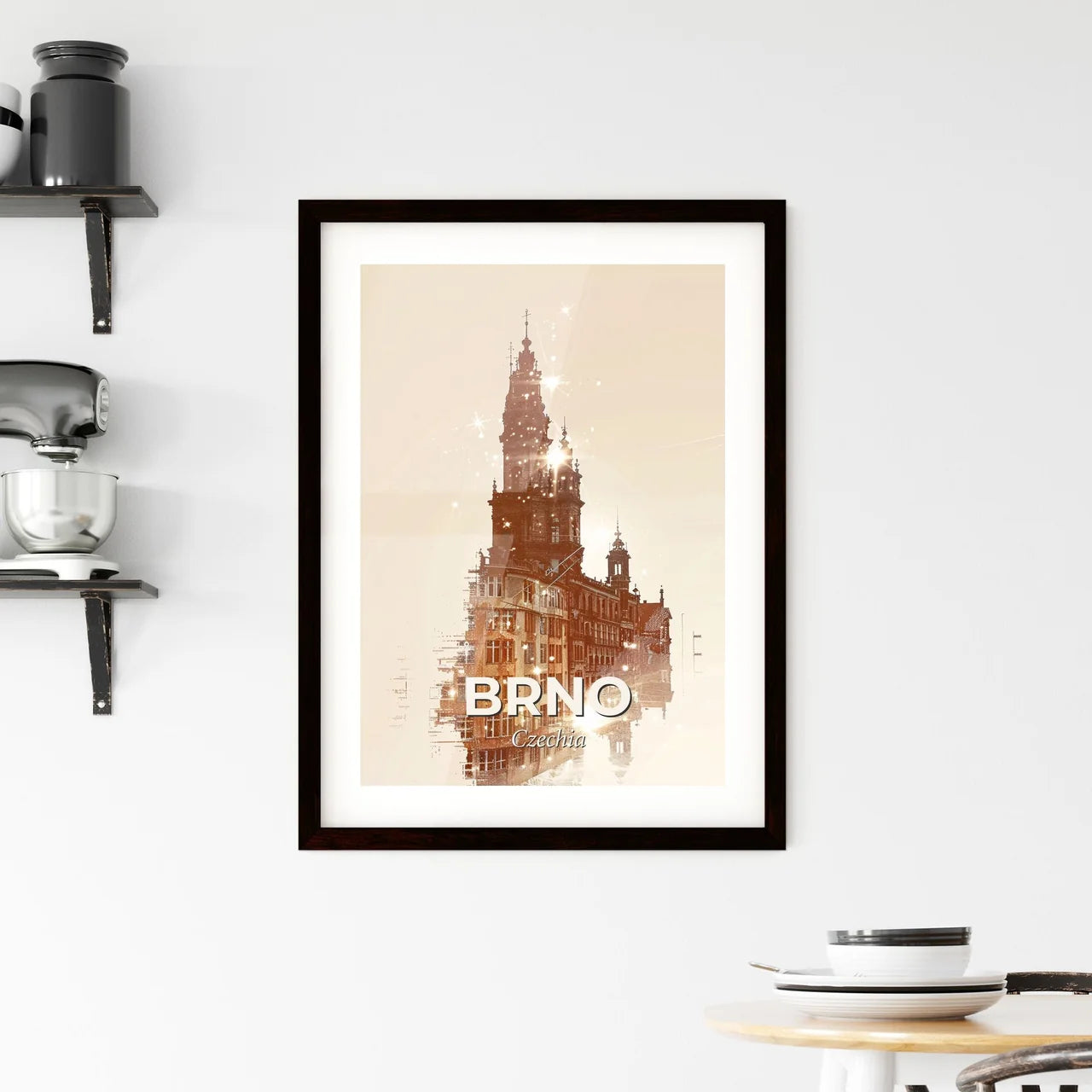 Brno, Czechia Skyline Silhouette Poster with Bright Accents Framed Print