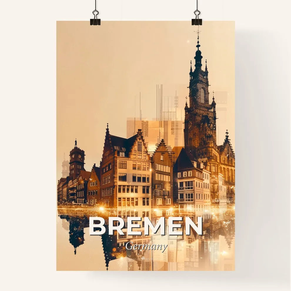 Bremen Skyline Art Poster Double Exposure Bright Beige Poster