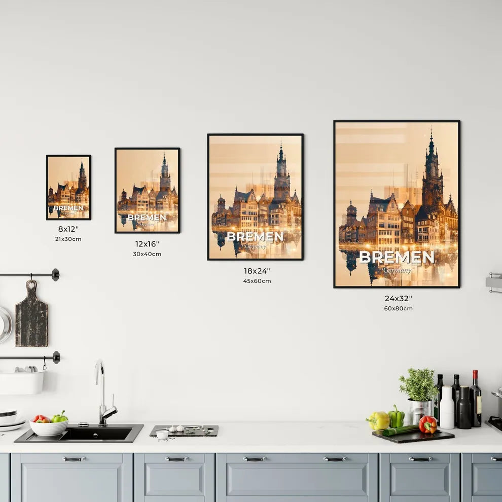 Bremen Skyline Art Poster Double Exposure Bright Beige Office Art
