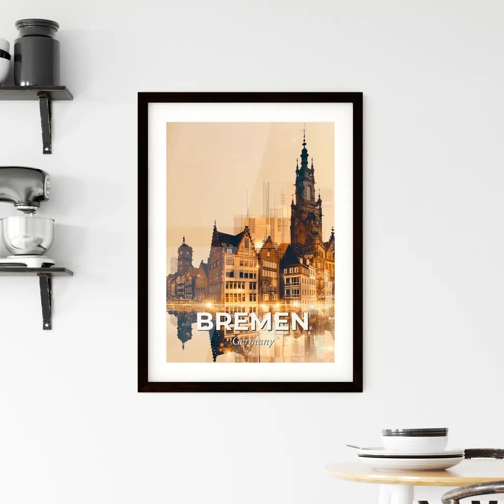 Bremen Skyline Art Poster Double Exposure Bright Beige Framed Print