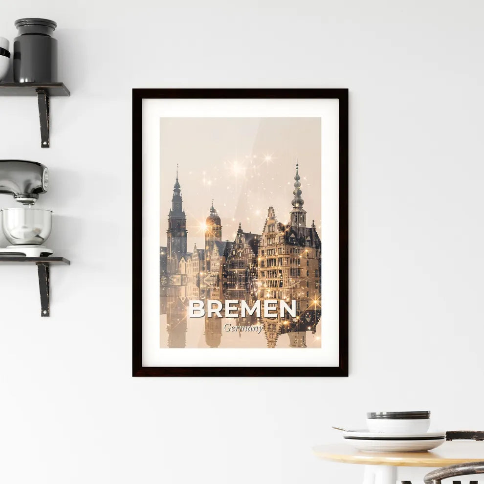 Bremen Skyline Double Exposure Poster with Sparkles Framed Print