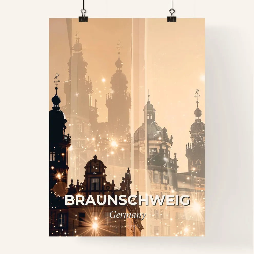 Braunschweig Skyline Silhouette Art: Beige, Backlights, Sparkles Poster