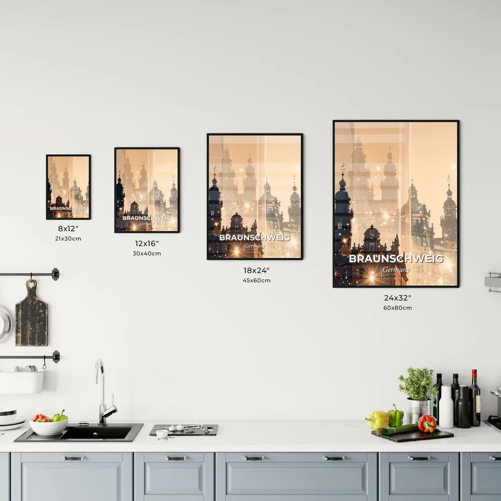 Braunschweig Skyline Silhouette Art: Beige, Backlights, Sparkles Office Art