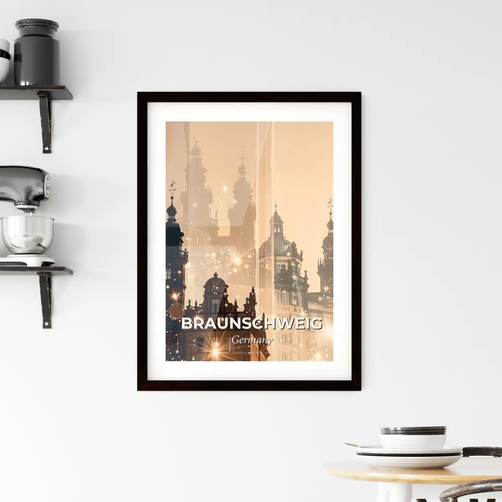 Braunschweig Skyline Silhouette Art: Beige, Backlights, Sparkles Framed Print
