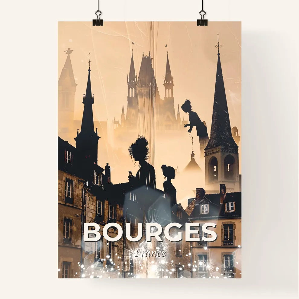 Bourges Skyline Double Exposure Silhouette Artwork Poster