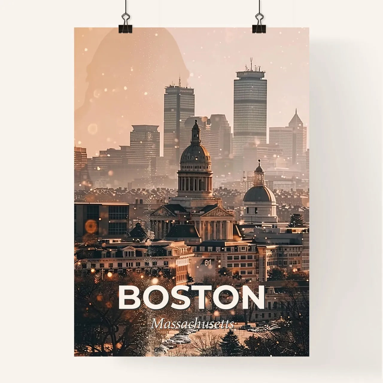 Boston City Skyline Composite Art with Sparkles Poster