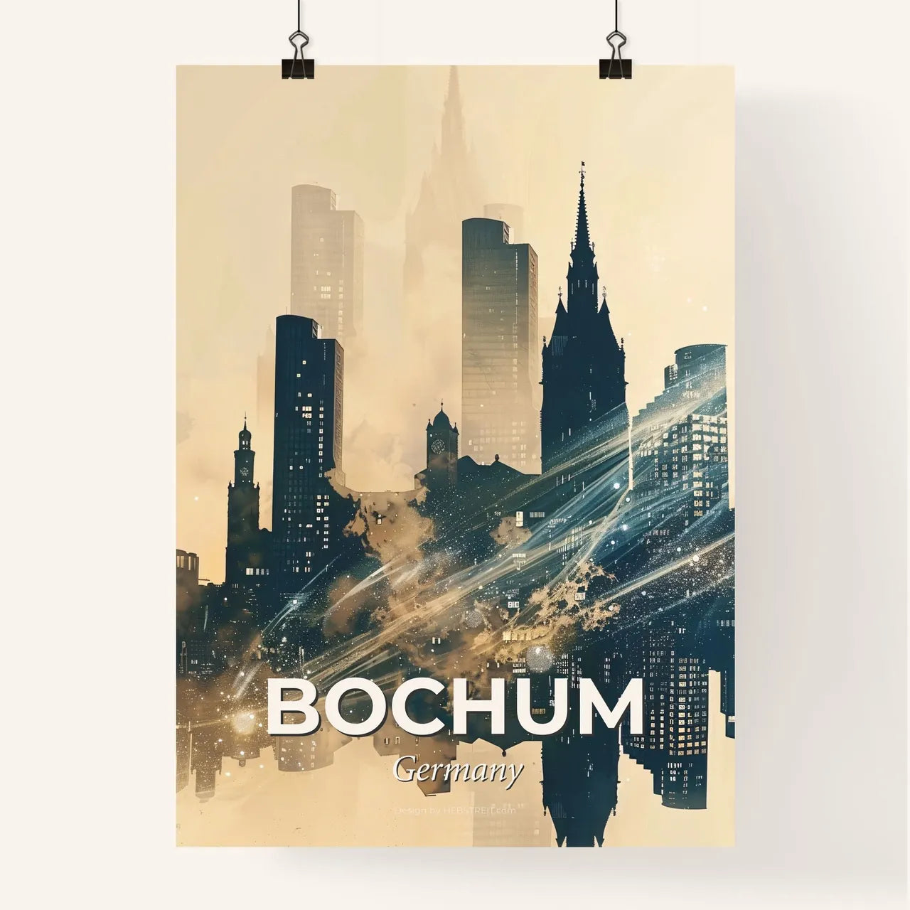 Bochum, Germany, City Skyline Poster, Beige, Sparkles, Subtle Backlights Poster