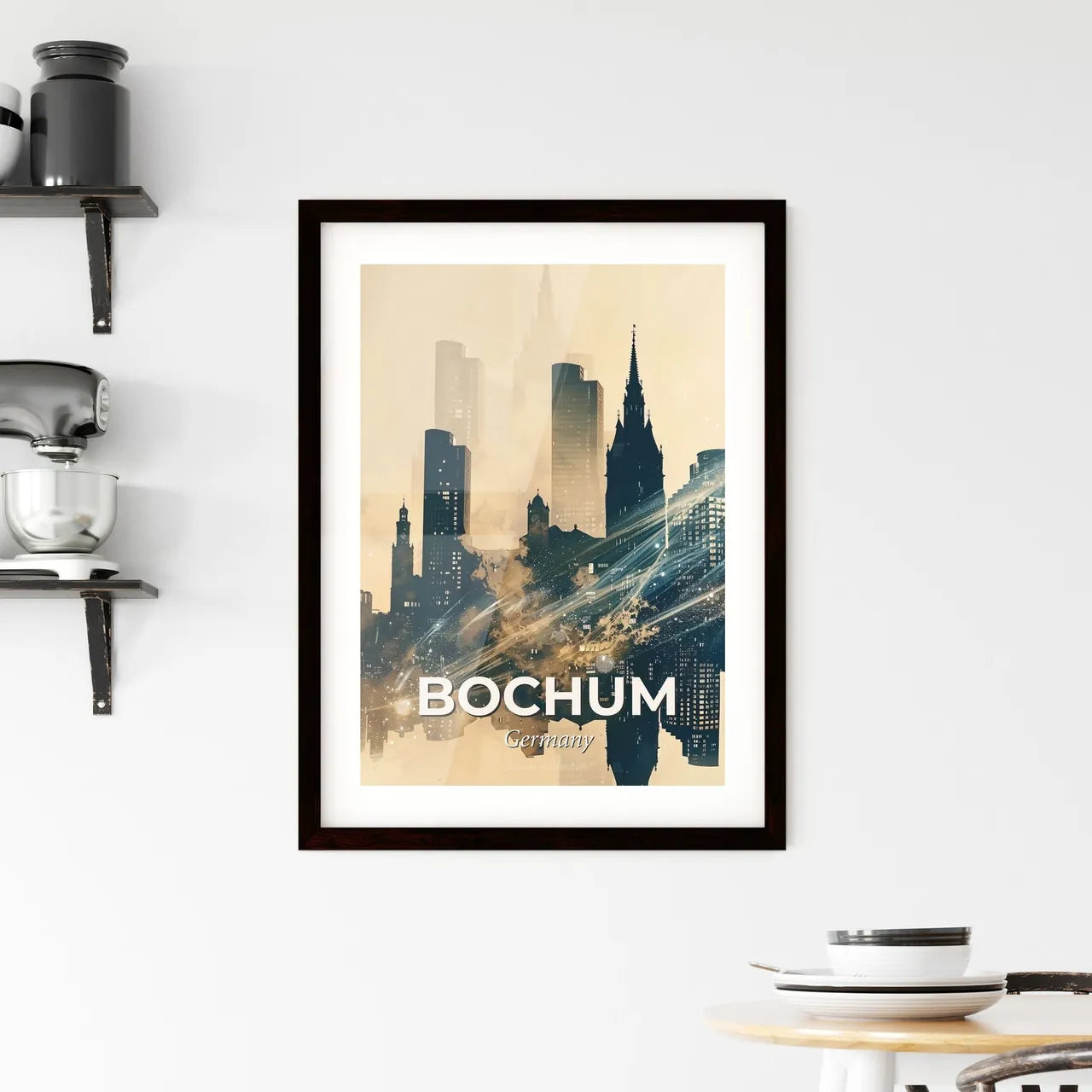 Bochum, Germany, City Skyline Poster, Beige, Sparkles, Subtle Backlights Framed Print