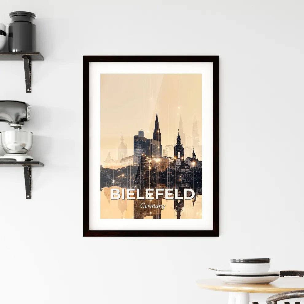 Bielefeld: Skyline silhouette artwork with sparkles Framed Print