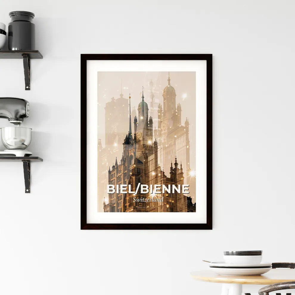 Biel/Bienne: City Skyline Composite Art on Beige Framed Print