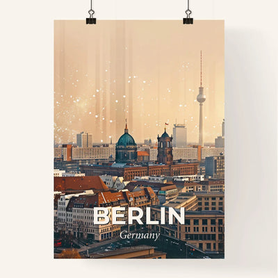Berlin City Skyline Double Exposure Poster Art - A city with many buildings and a tower