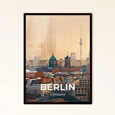 Berlin City Skyline Double Exposure Poster Art - A city with many buildings and a tower