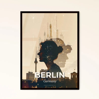 Berlin Skyline Silhouette Composite Paper Background - A woman's profile with a city skyline behind her