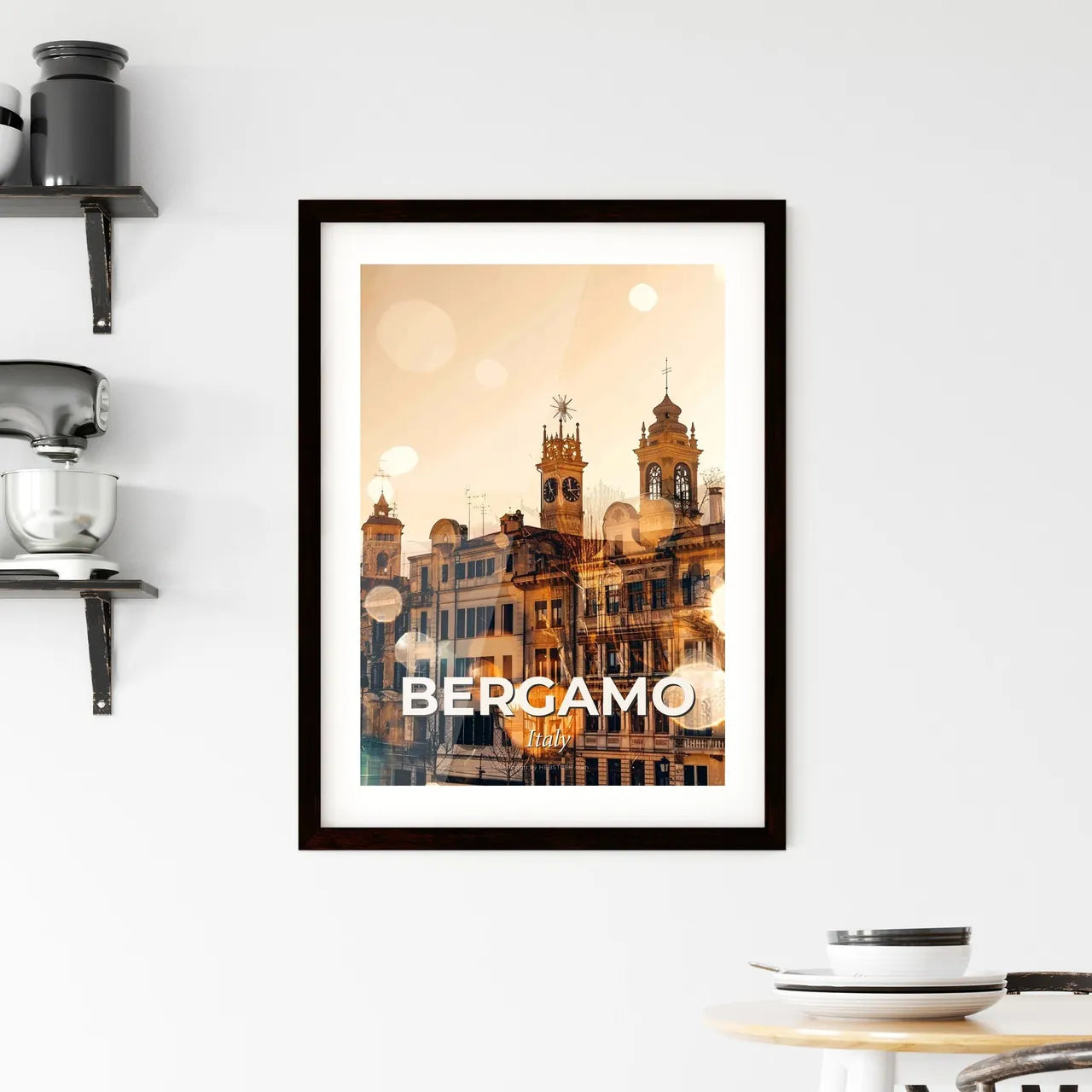 Bergamo City Double Exposure Skyline Poster Art Framed Print