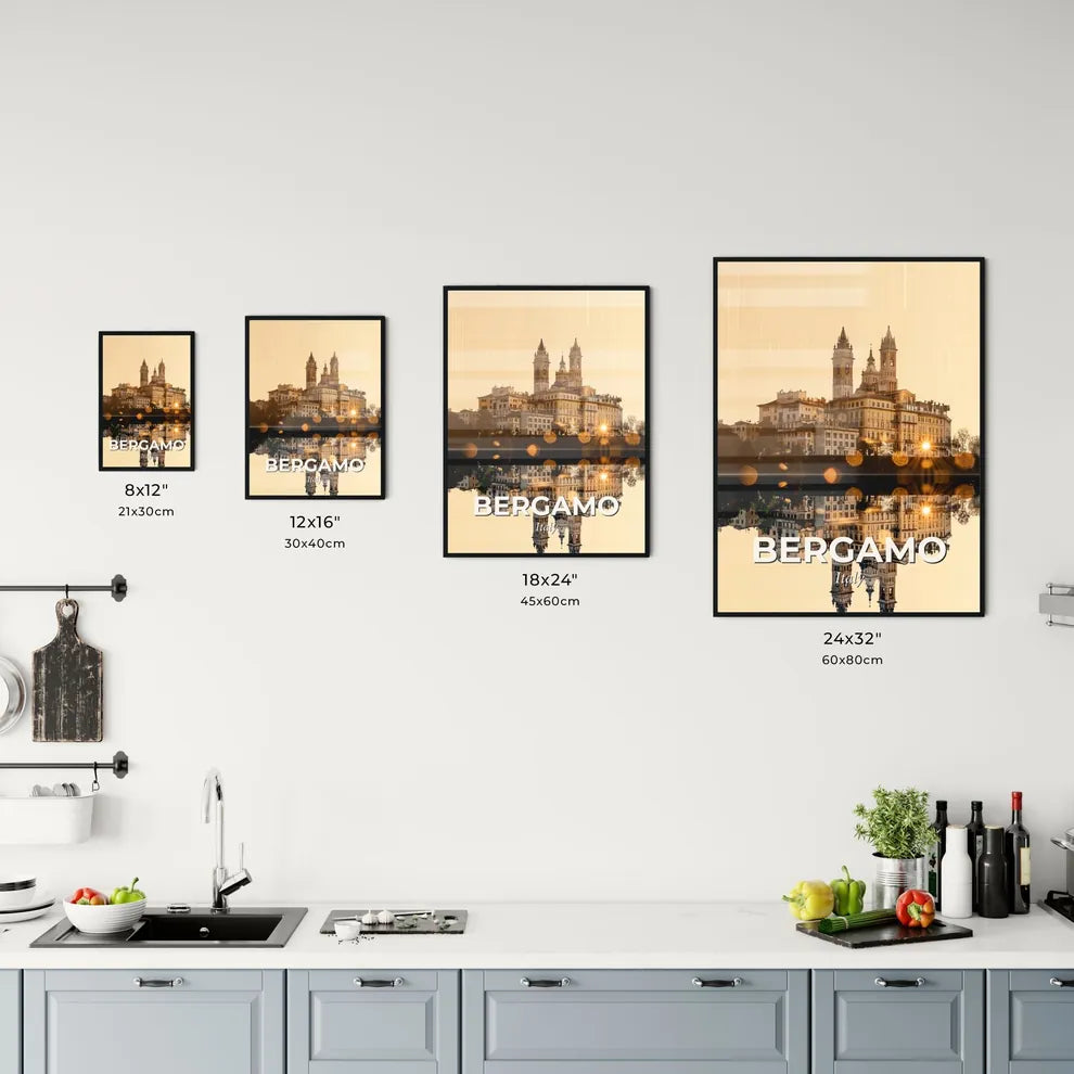 Bergamo City Icons on Beige Sparkly Skyline Office Art