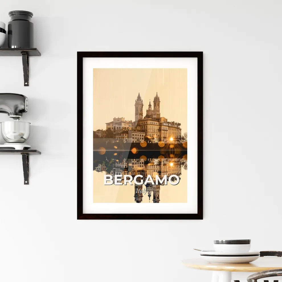Bergamo City Icons on Beige Sparkly Skyline Framed Print