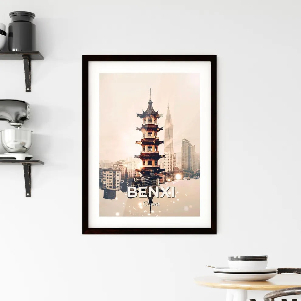 Benxi City Skyline with Icons Poster Art Framed Print