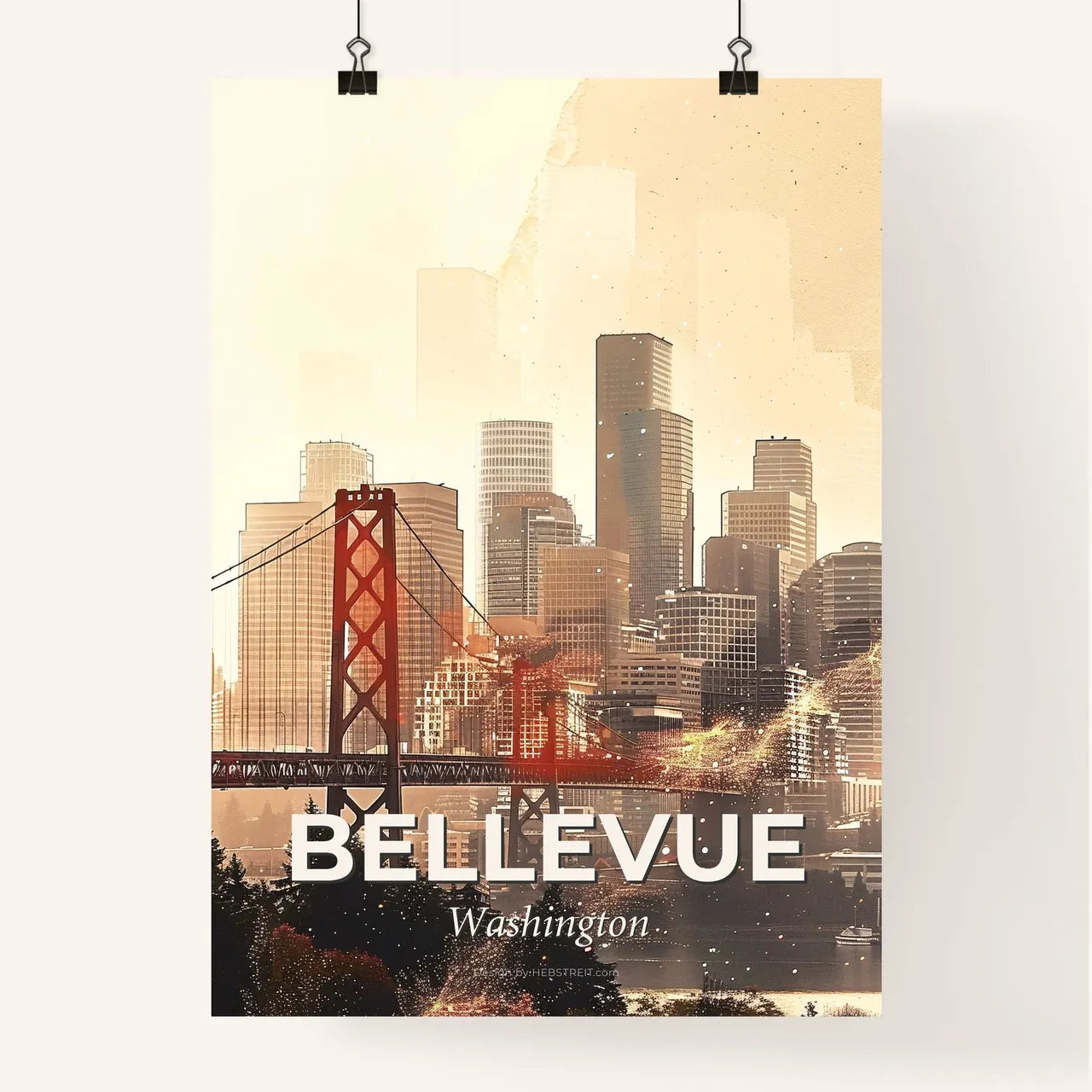 Bellevue Skyline Composite Art, Bright Beige Poster