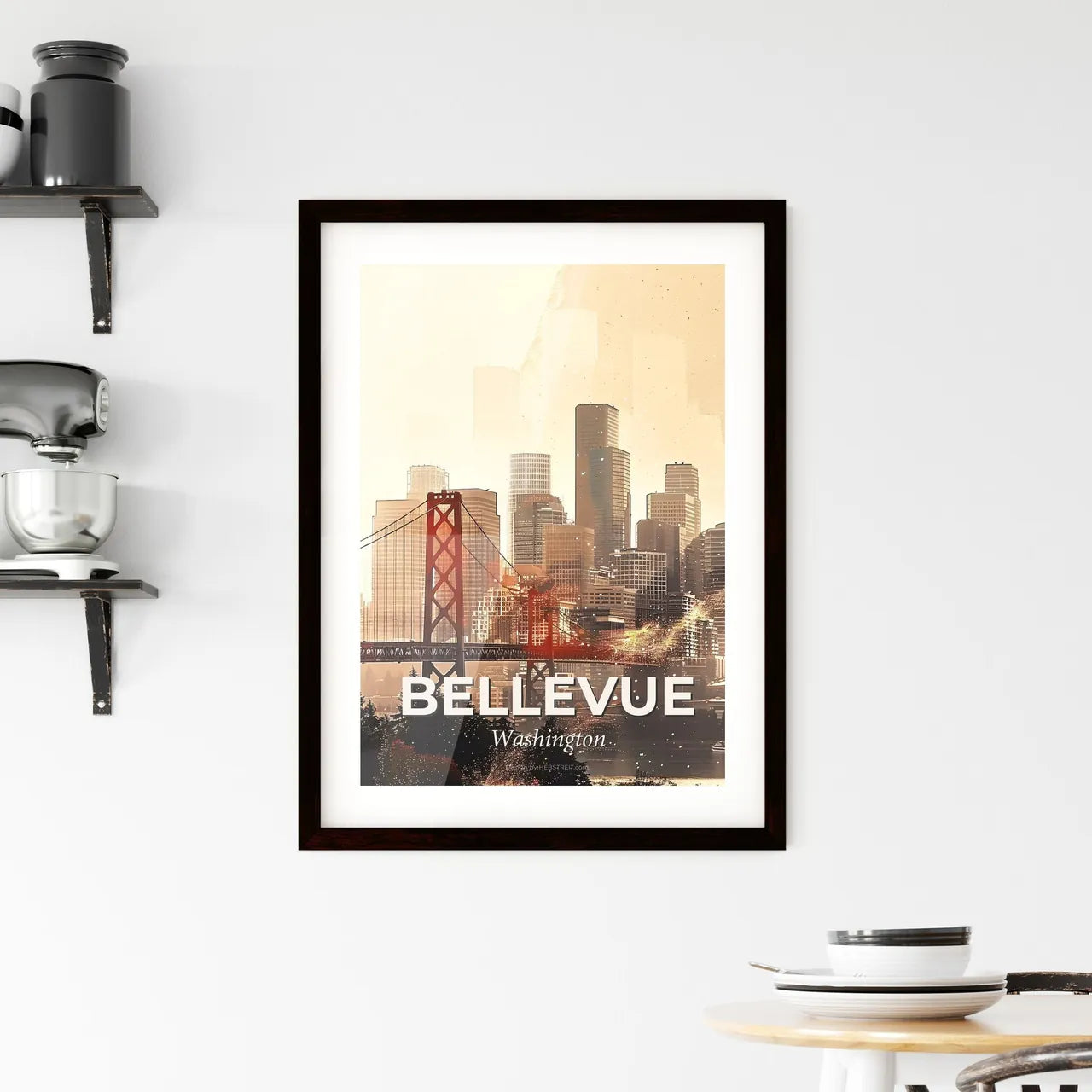 Bellevue Skyline Composite Art, Bright Beige Framed Print