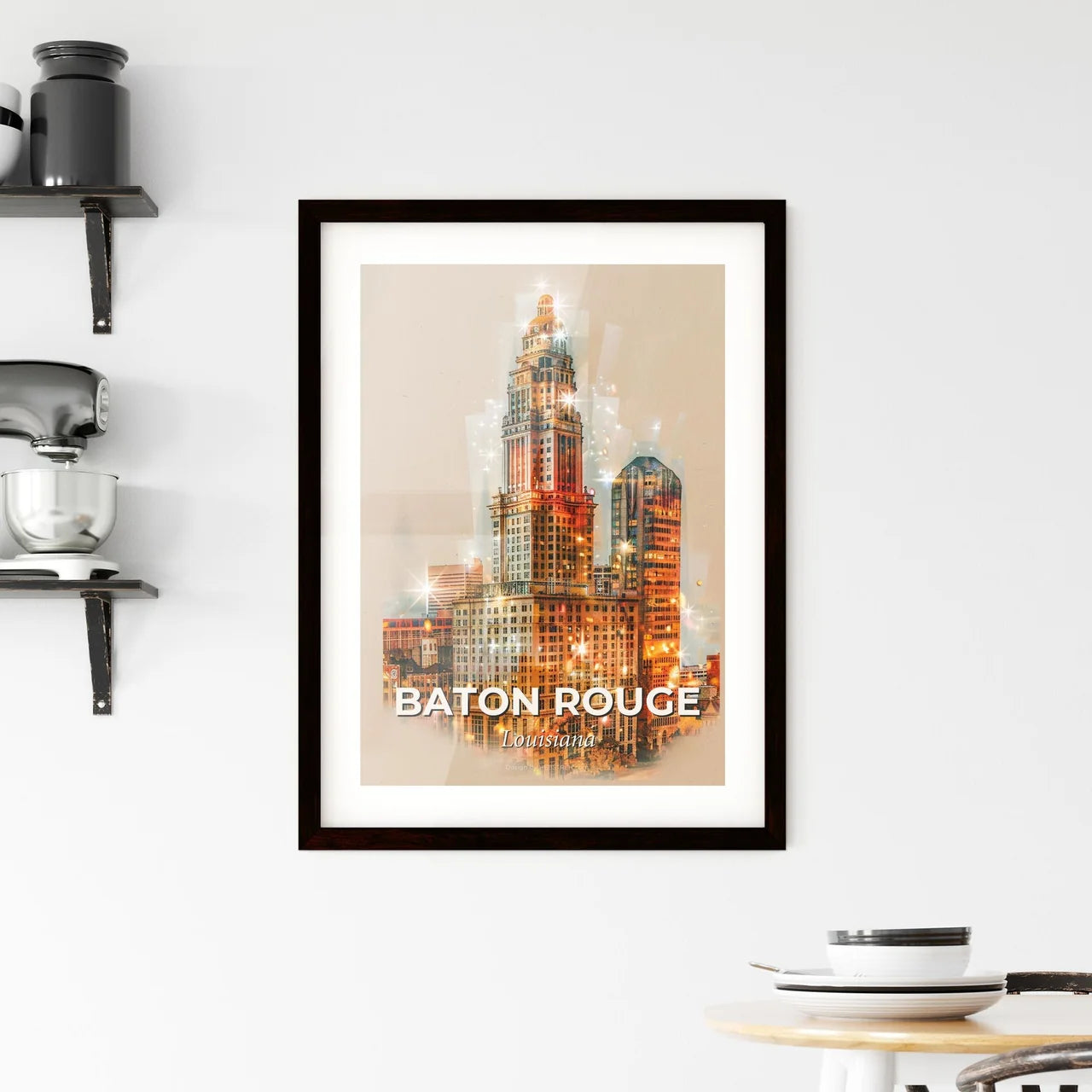 Baton Rouge Skyline Composite Art: Beige Paper Sparkle Framed Print