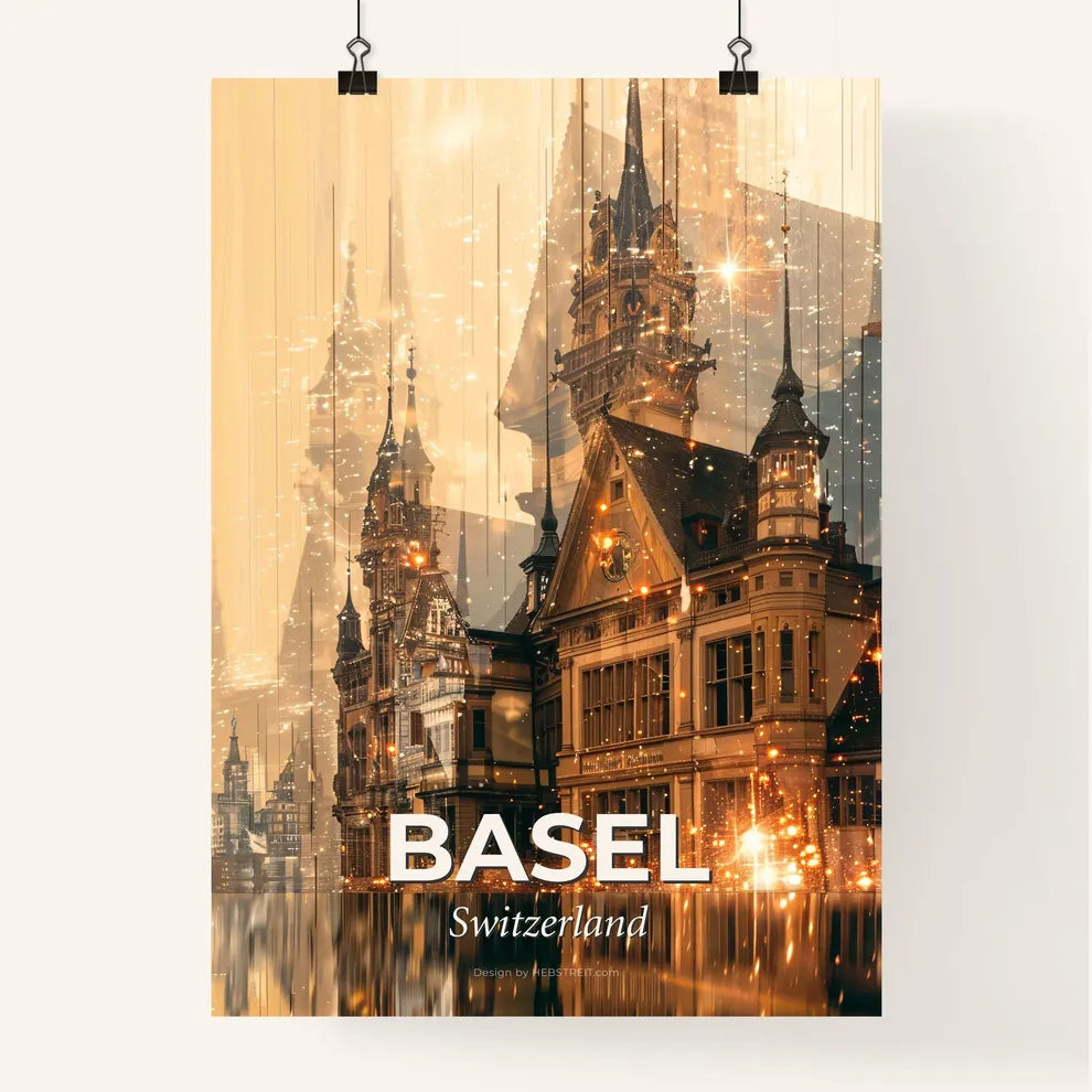 Basel: City Skyline Art in Double Exposure Poster